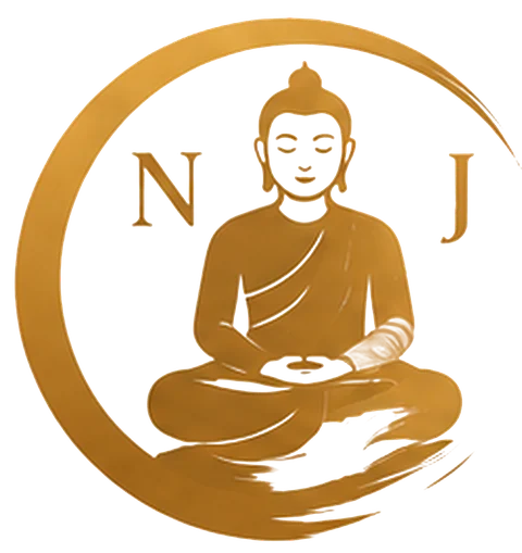 NJ Glow Logo – goldener Buddha im Ensō-Kreis